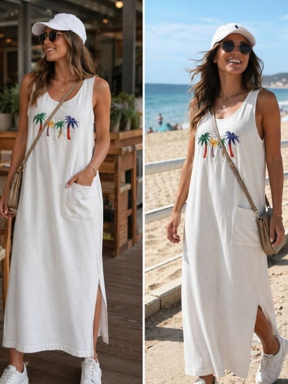 VTG 80's Seaside T's White Cotton Maxi Dress Palm Tree Embroidered Made USA